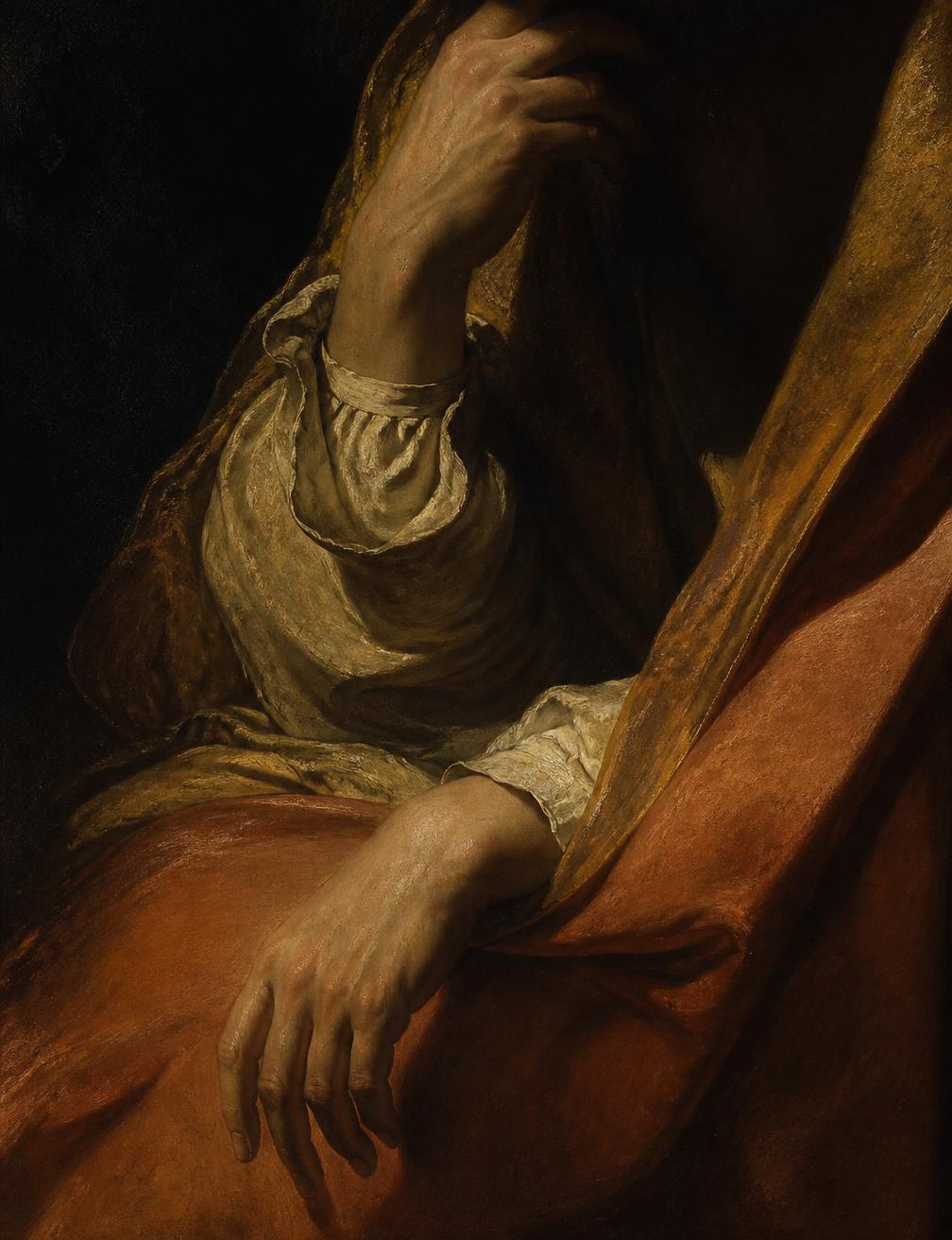 Detalle de pintura clásica: manos y drapeado emergiendo de la penumbra